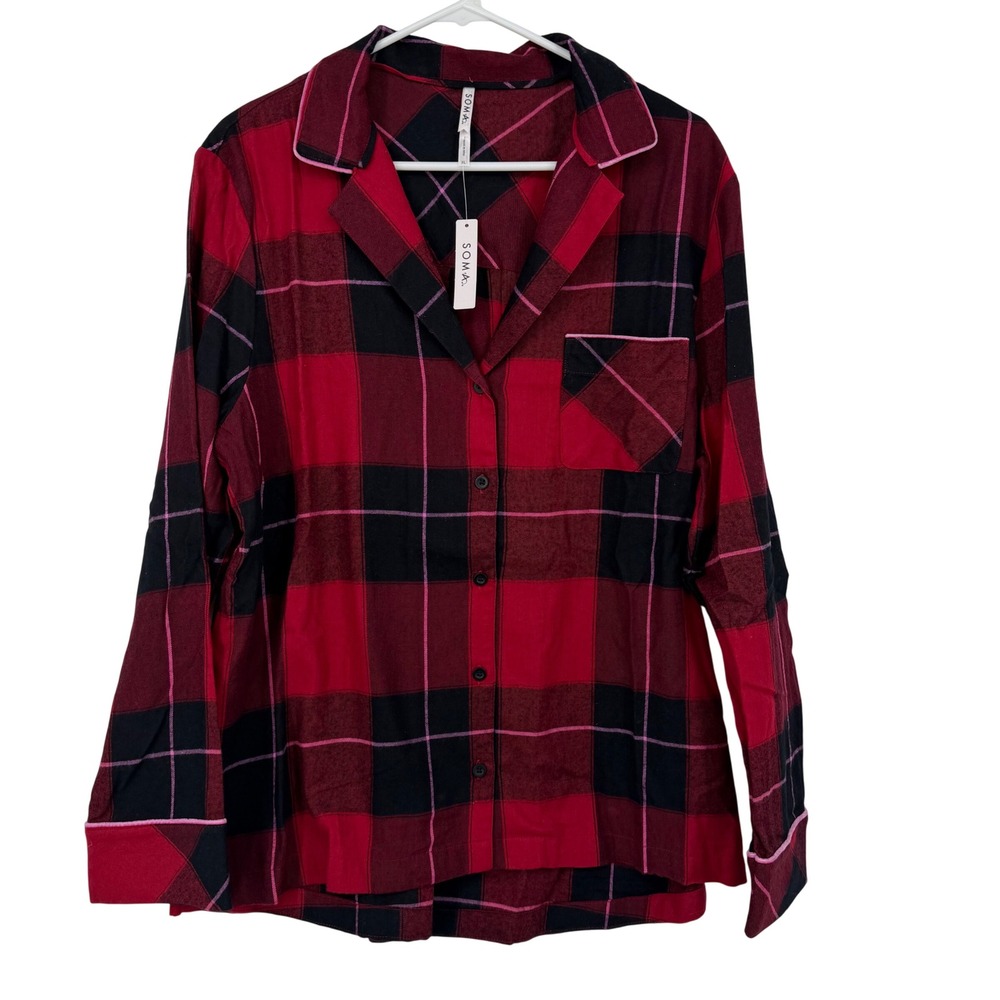 Soma Red Black Plaid Pajama Top Long Sleeve Button Down Cotton Viscose‎ XL NWT